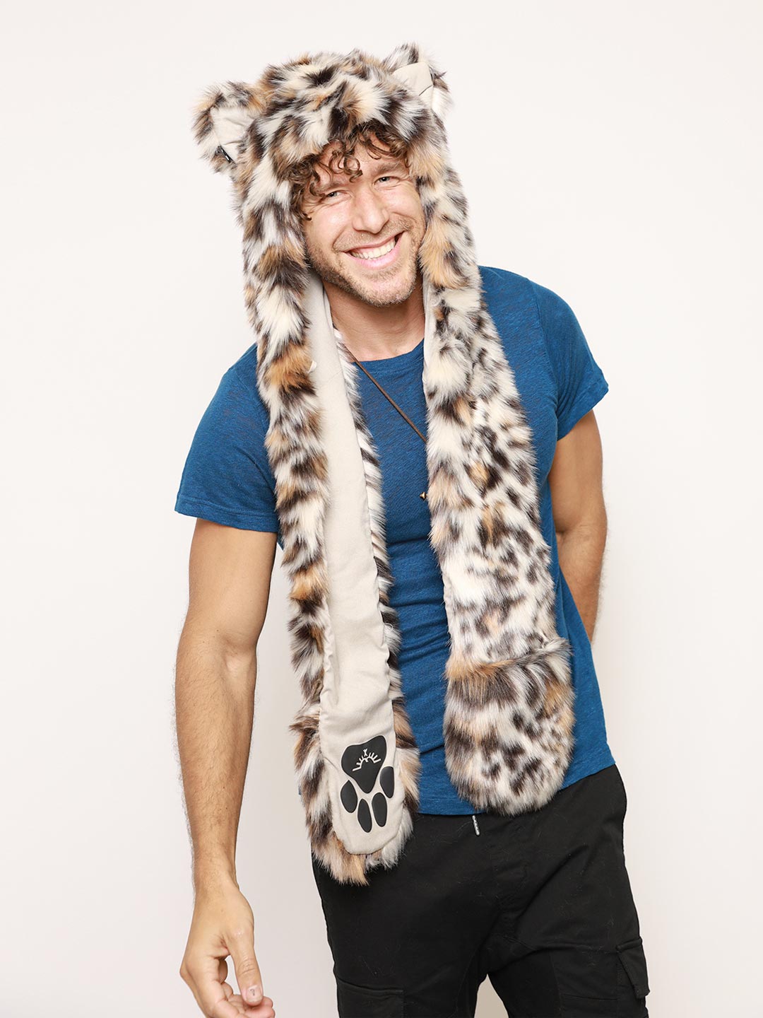 Man wearing Clouded Leopard Faux Fur Hood, front view 1