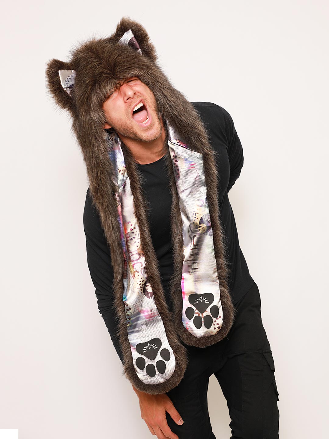 Man wearing Cyber Wolf Collector Edition Faux Fur Hood, front view 4
