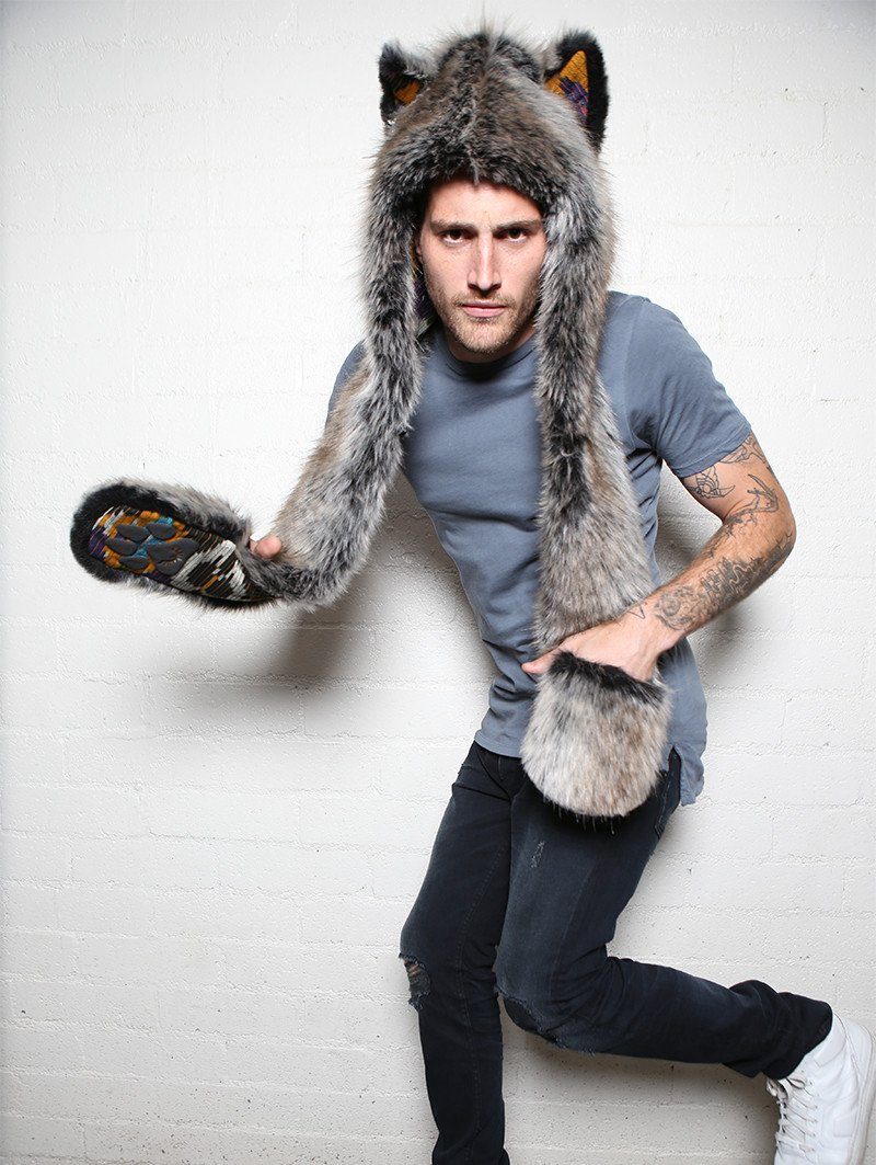 Man wearing faux fur Grey Wolf Ikat Collectors SpiritHood, front view 4
