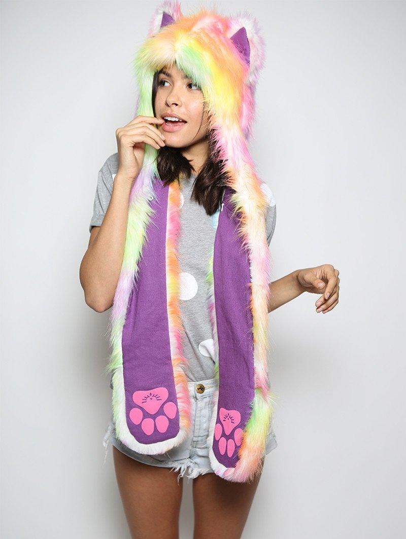 Woman wearing faux fur FestieBestie Sherbert Wolf SpiritHood, side view
