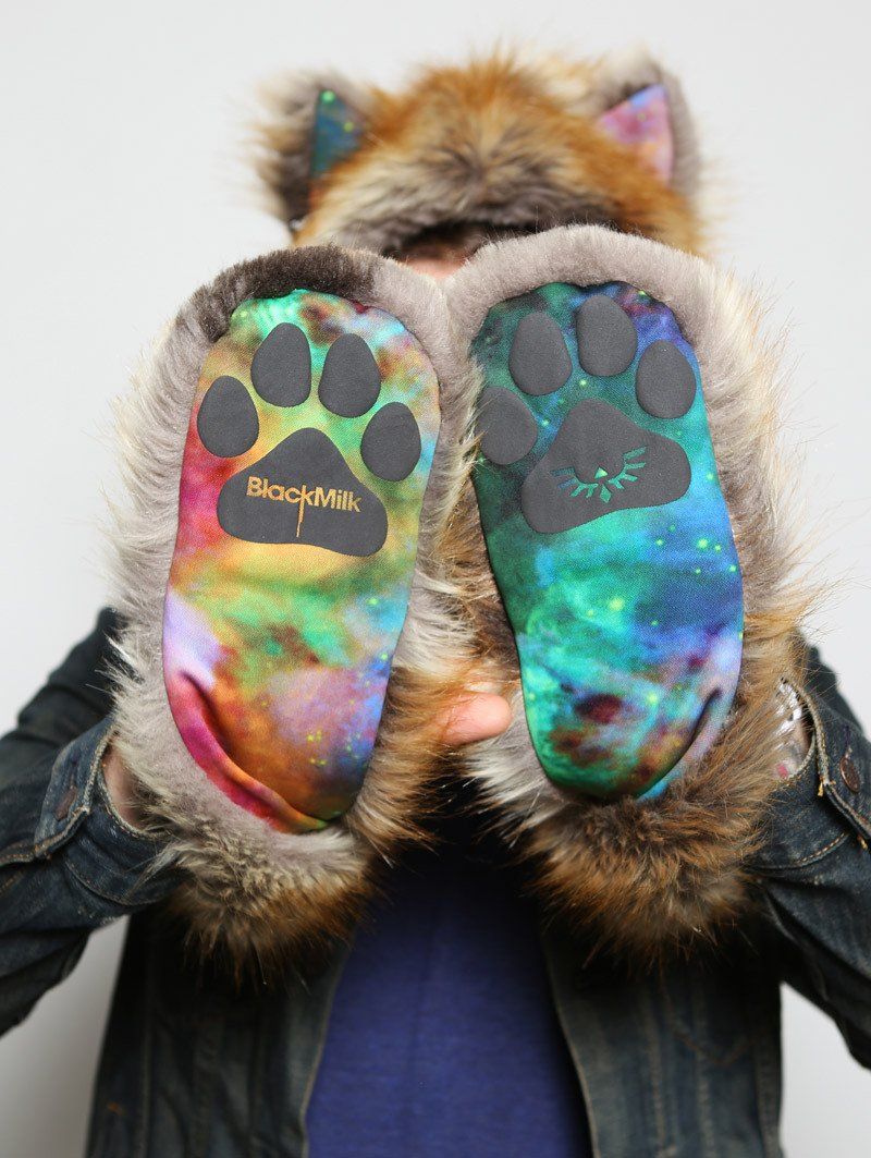 Man wearing The BlackMilk Red Fox Rainbow Galaxy faux fur SpiritHood, front view 7