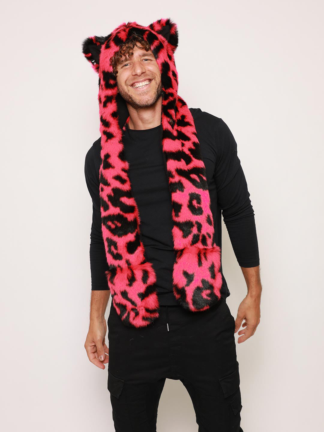 Man wearing Pink Panther Collector Edition Faux Fur Hood, front view 3