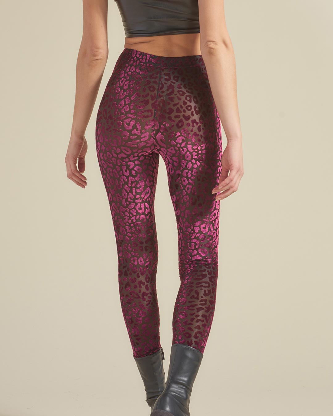 Back View of Ruby Leopard Burnout Velvet High Rise Leggings on Female Model