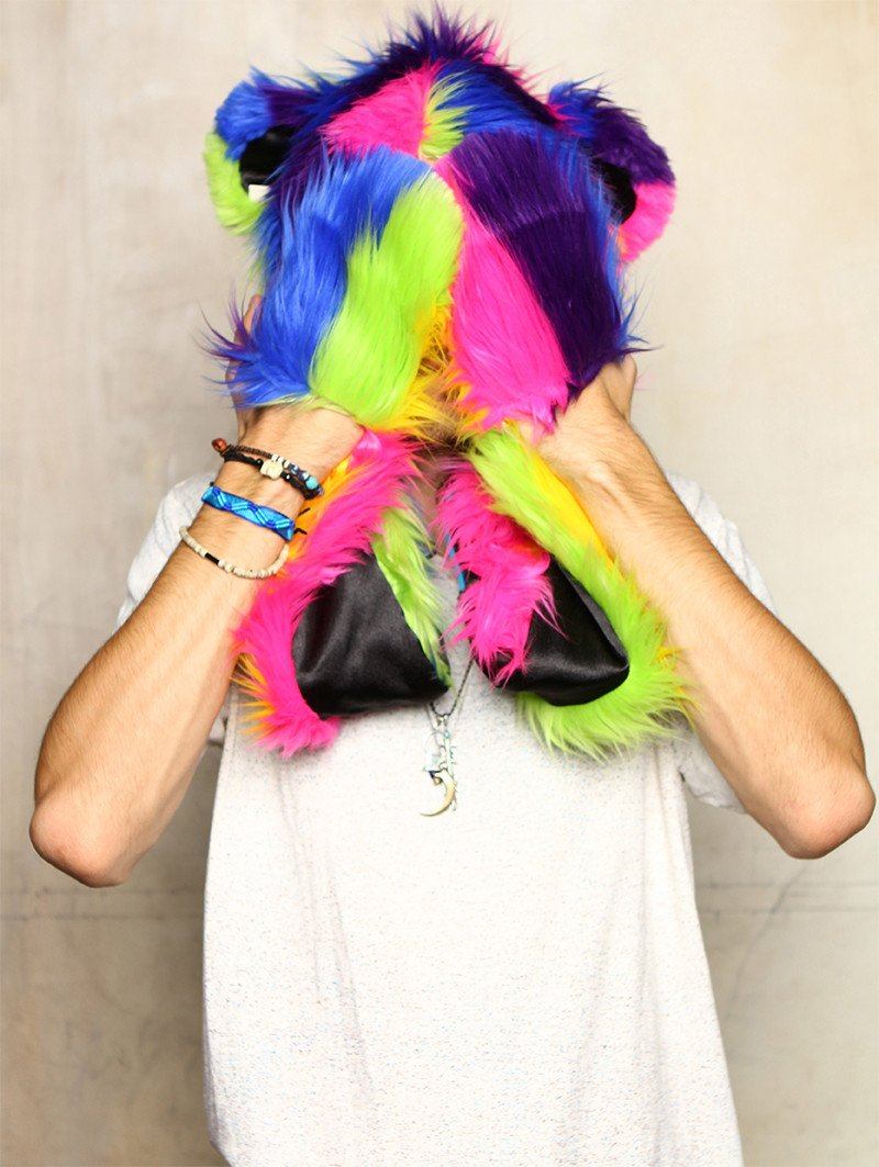 Man wearing faux fur Magic Bear SpiritHood, front view