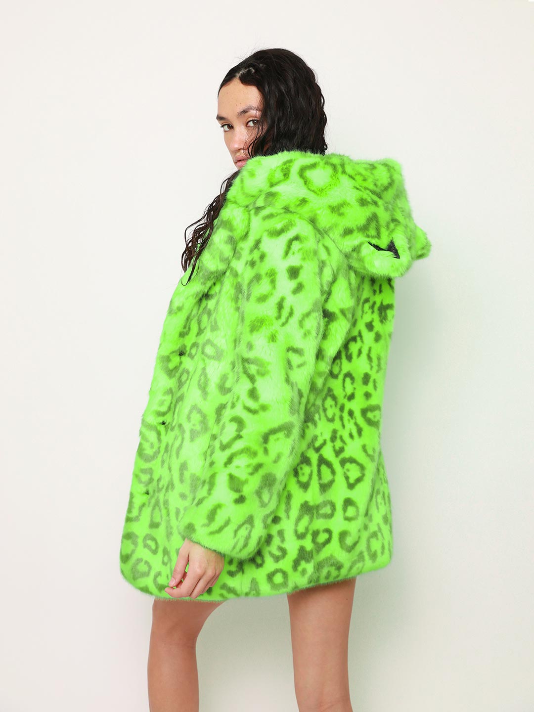 Woman wearing Neon Green Leopard Luxe Classic Faux Fur Coat, side view