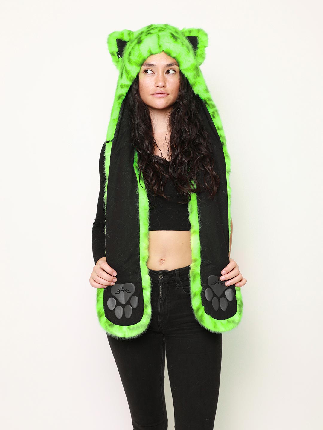 Interior and Exterior View of Neon Green Leopard Collector Edition Luxe Faux Fur Hood 