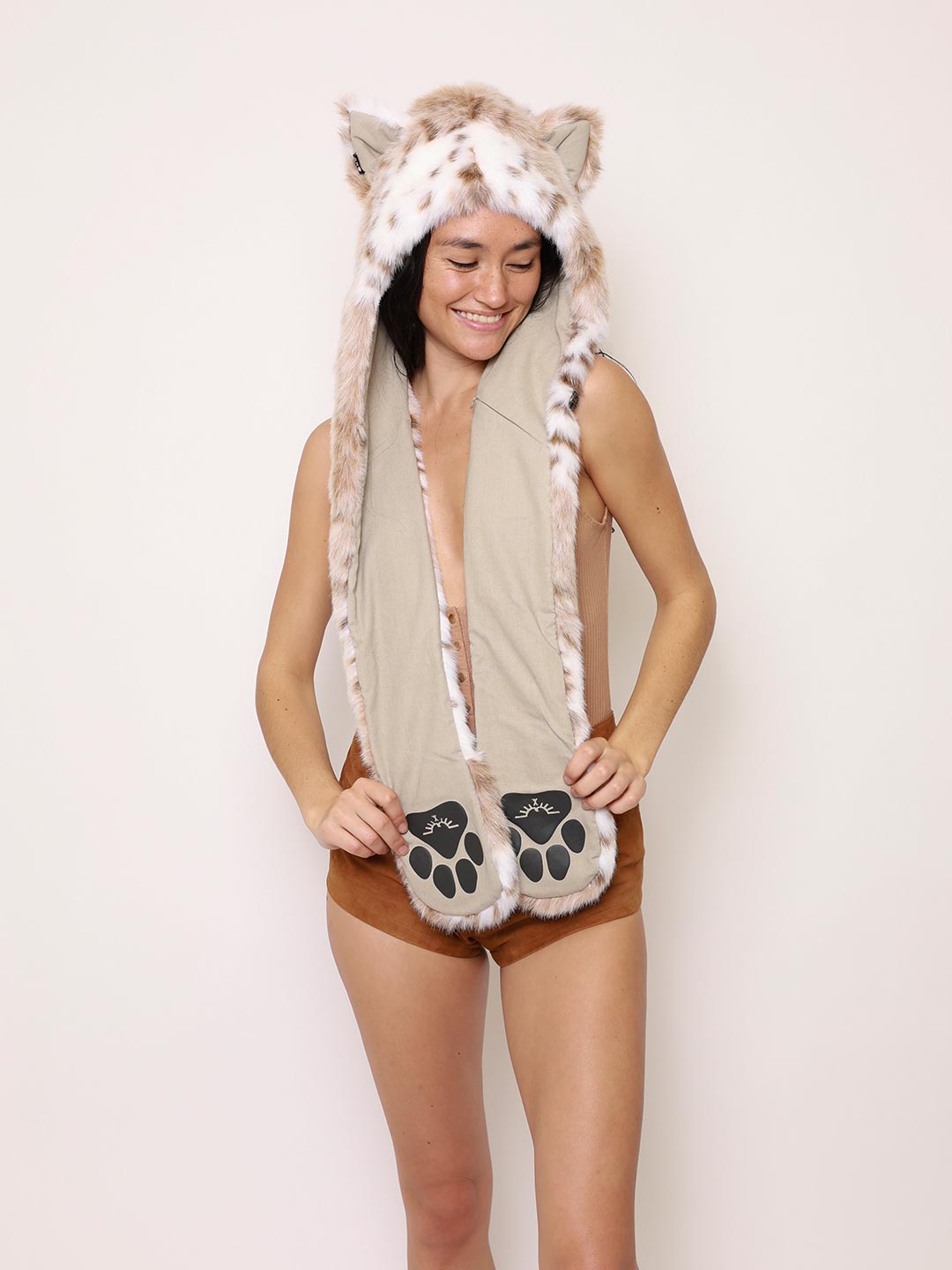 Exterior and Interior View of Siberian Snow Leopard Faux Fur Hood