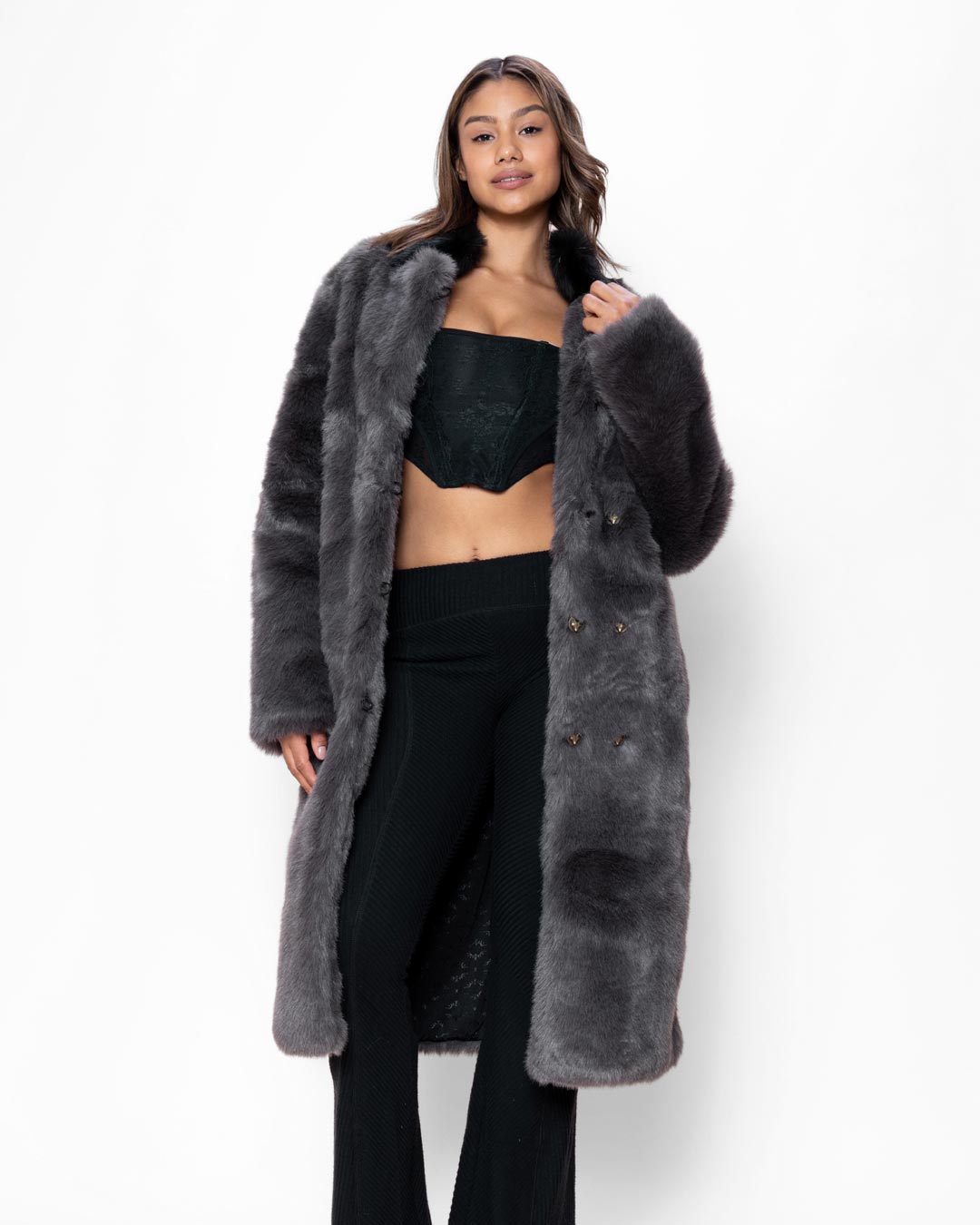 Grey Fox Calf Length Faux Fur Coat | Women&#39;s
