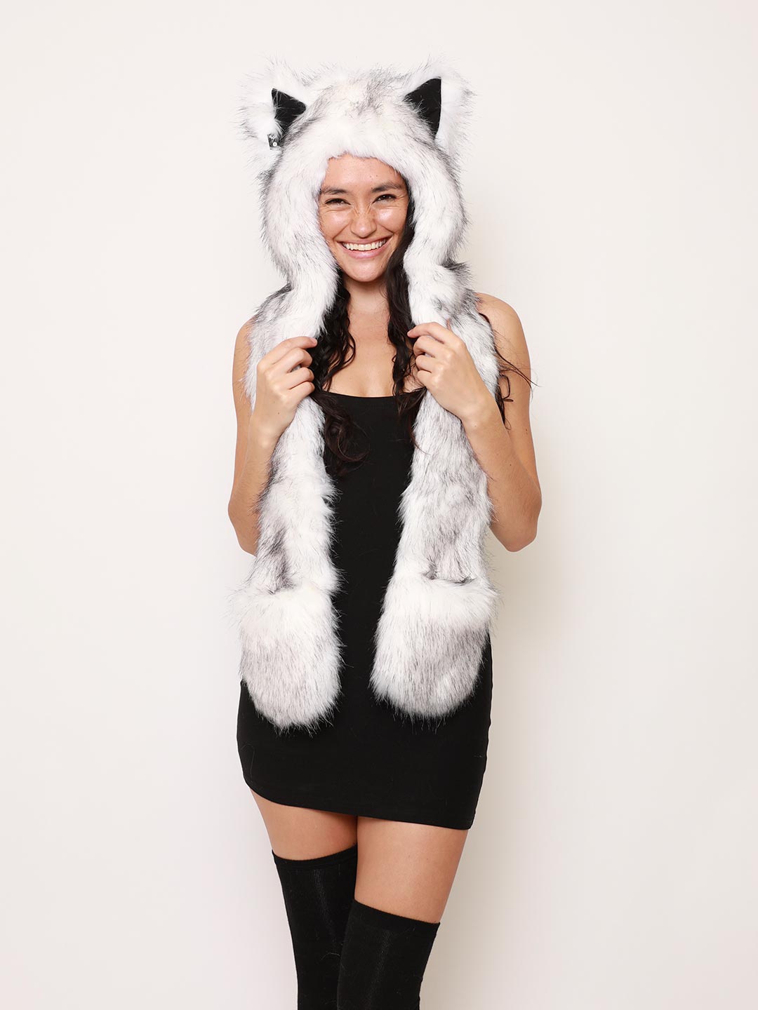 Woman wearing Husky Faux Fur Hood, front view