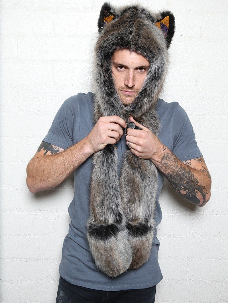 Man wearing faux fur Grey Wolf Ikat Collectors SpiritHood, front view 3