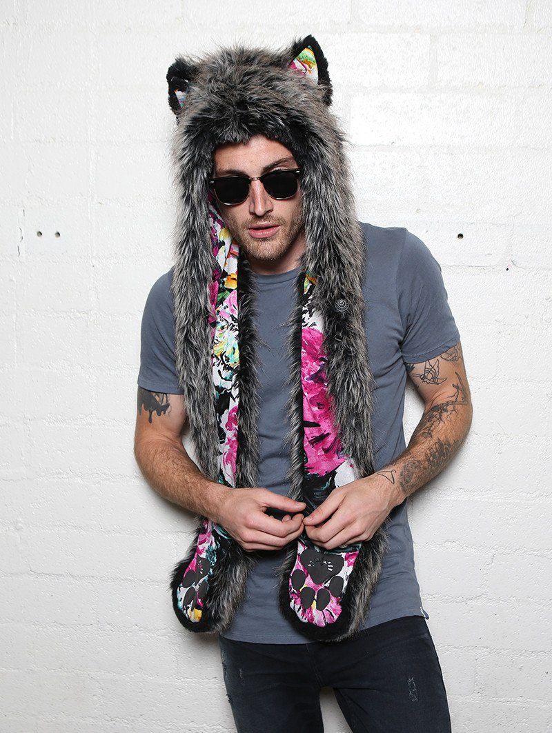 Man wearing faux fur Mystic Wolf Floral Collectors SpiritHood, front view