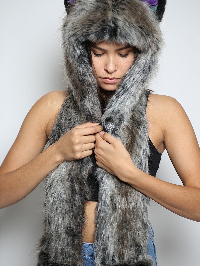 Hooded Faux Fur in Grey Wolf Purpz Design
