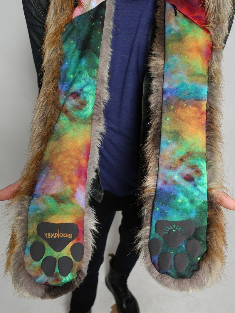 Man wearing The BlackMilk Red Fox Rainbow Galaxy faux fur SpiritHood, front view 3