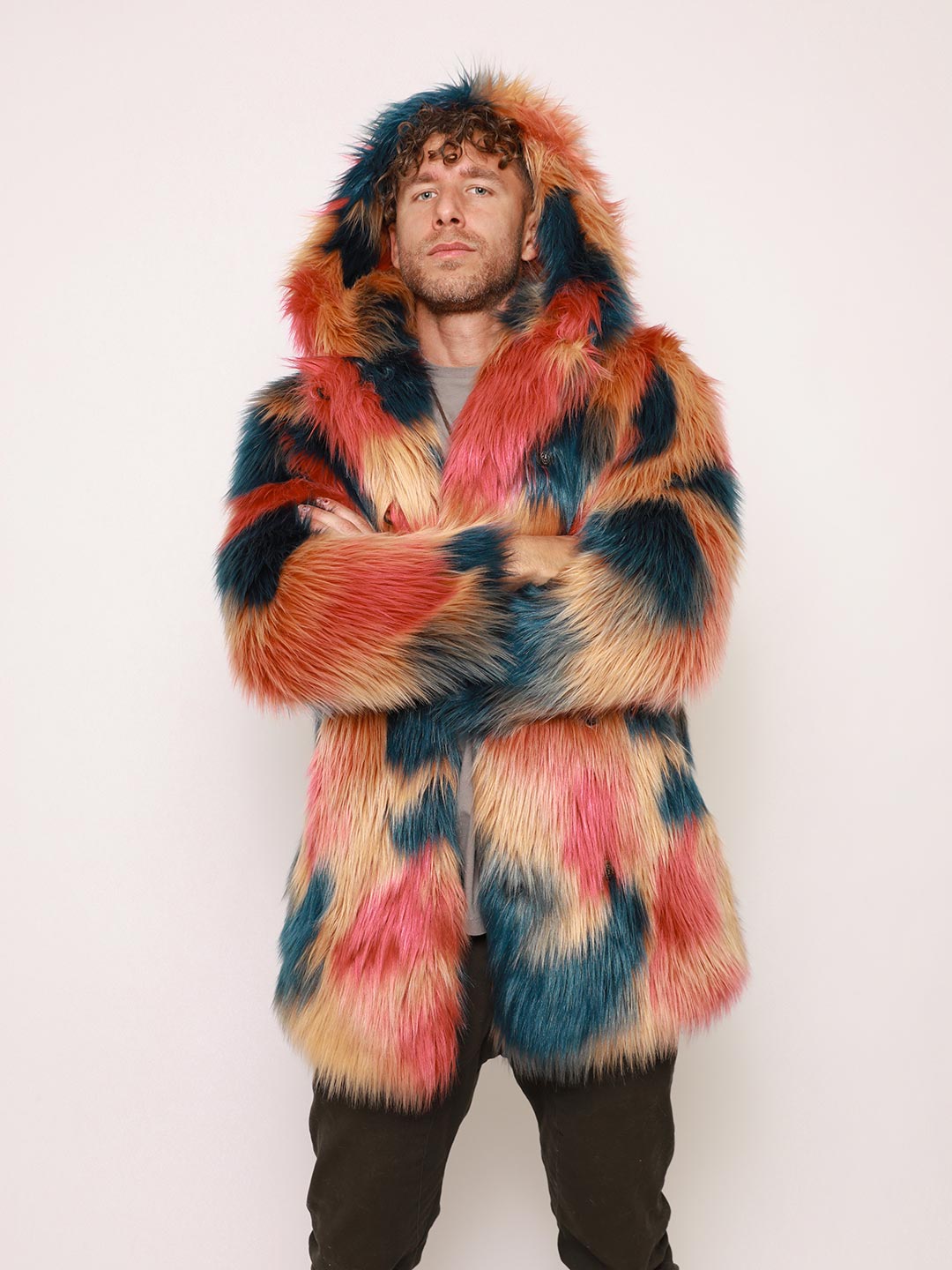 Man wearing American Swallow Hooded Faux Fur Coat, front view 4