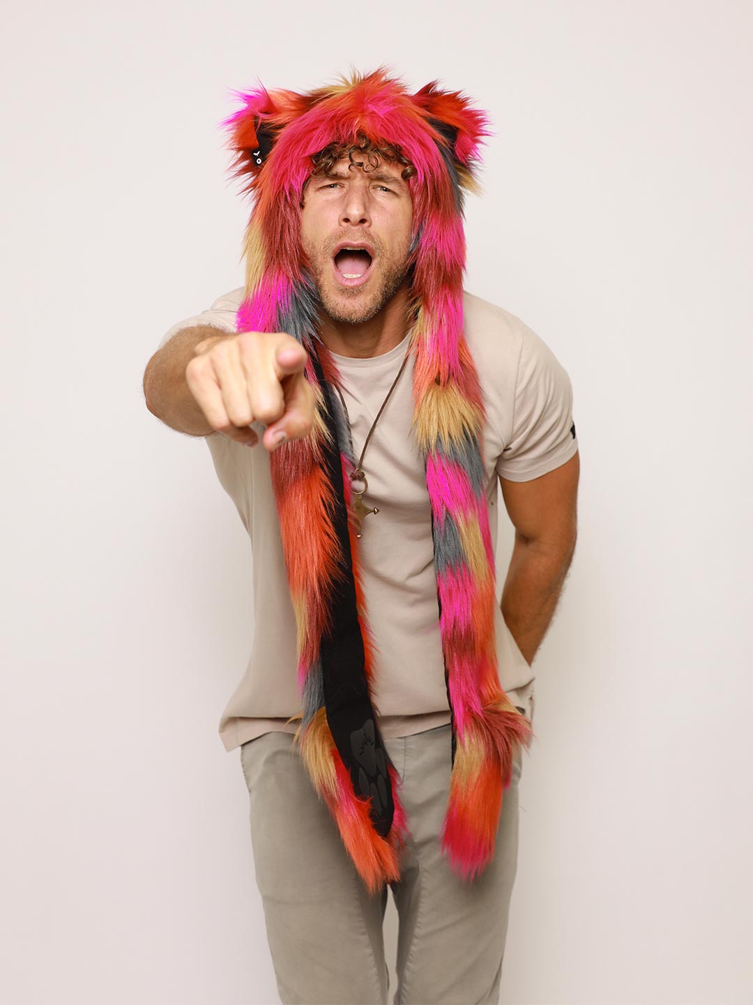 Man wearing faux fur Calico Leopard Collector Edition SpiritHood, front view 4