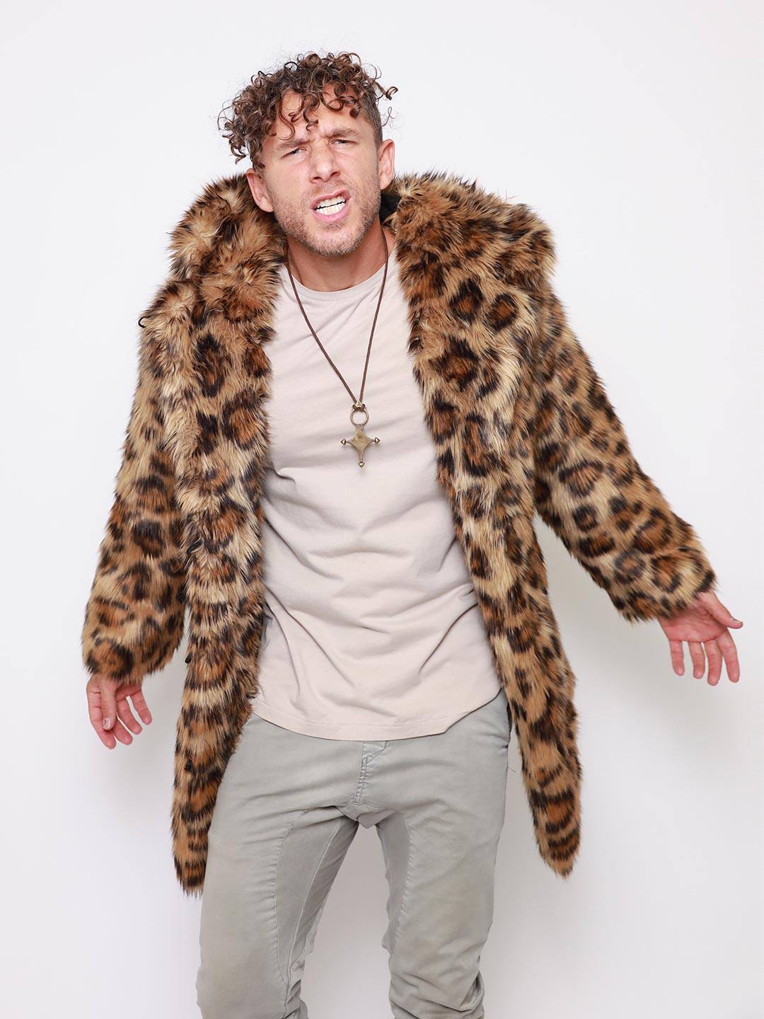 Man wearing Javan Leopard Classic Faux Fur *Almost Purfect* Coat, front view 3