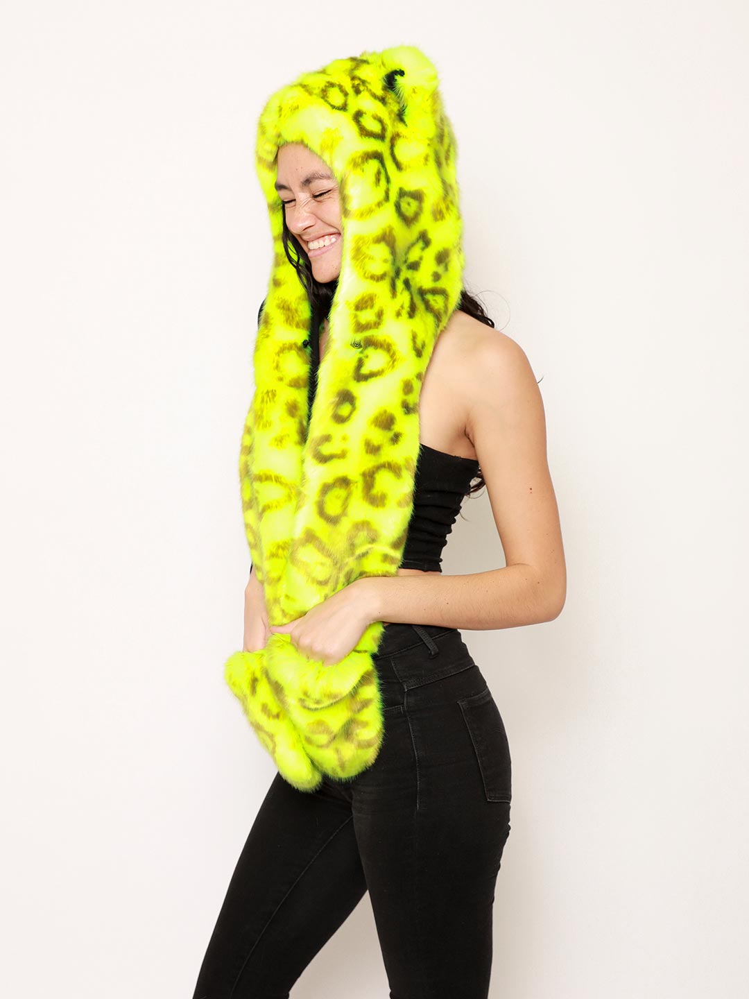 Woman Wearing Neon Yellow Leopard Luxe Collector Edition Faux Fur Hood 