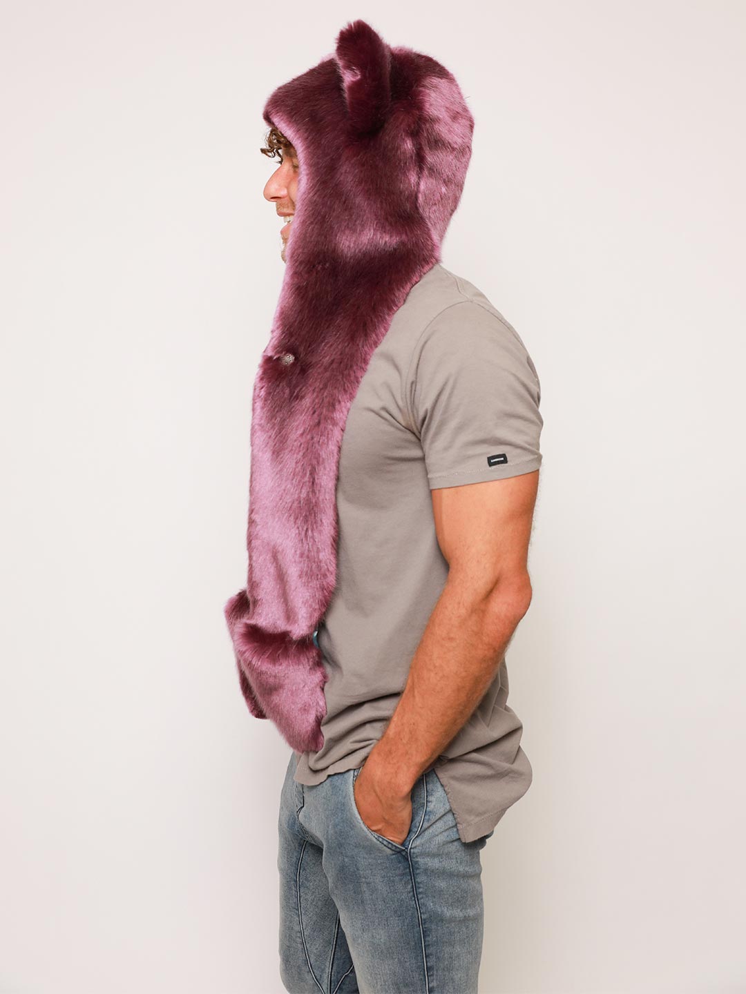 Man wearing faux fur Lavender Wolf Collector Edition SpiritHood, side view 1