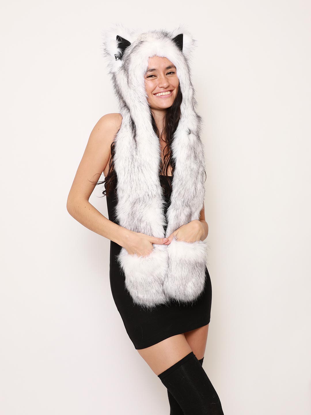 Woman wearing Husky Faux Fur Hood, side view 1