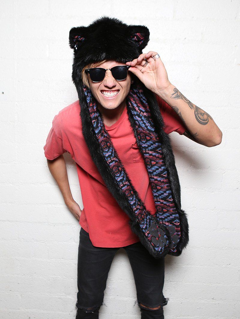 Man wearing faux fur Black Kitty-MeOw! SpiritHood, front view 1