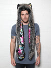 Man wearing faux fur Mystic Wolf Floral Collectors SpiritHood