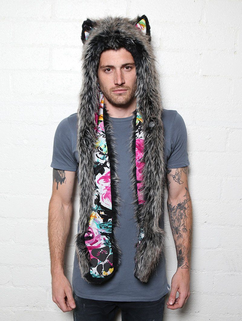 Man wearing faux fur Mystic Wolf Floral Collectors SpiritHood