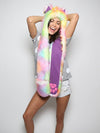 Woman wearing faux fur FestieBestie Sherbert Wolf SpiritHood, front view 2