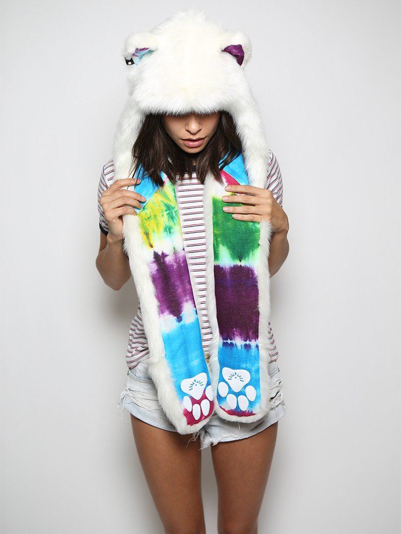 Woman wearing faux fur Arctic Wolf Color Blast Limited Edition SpiritHood, front view 8