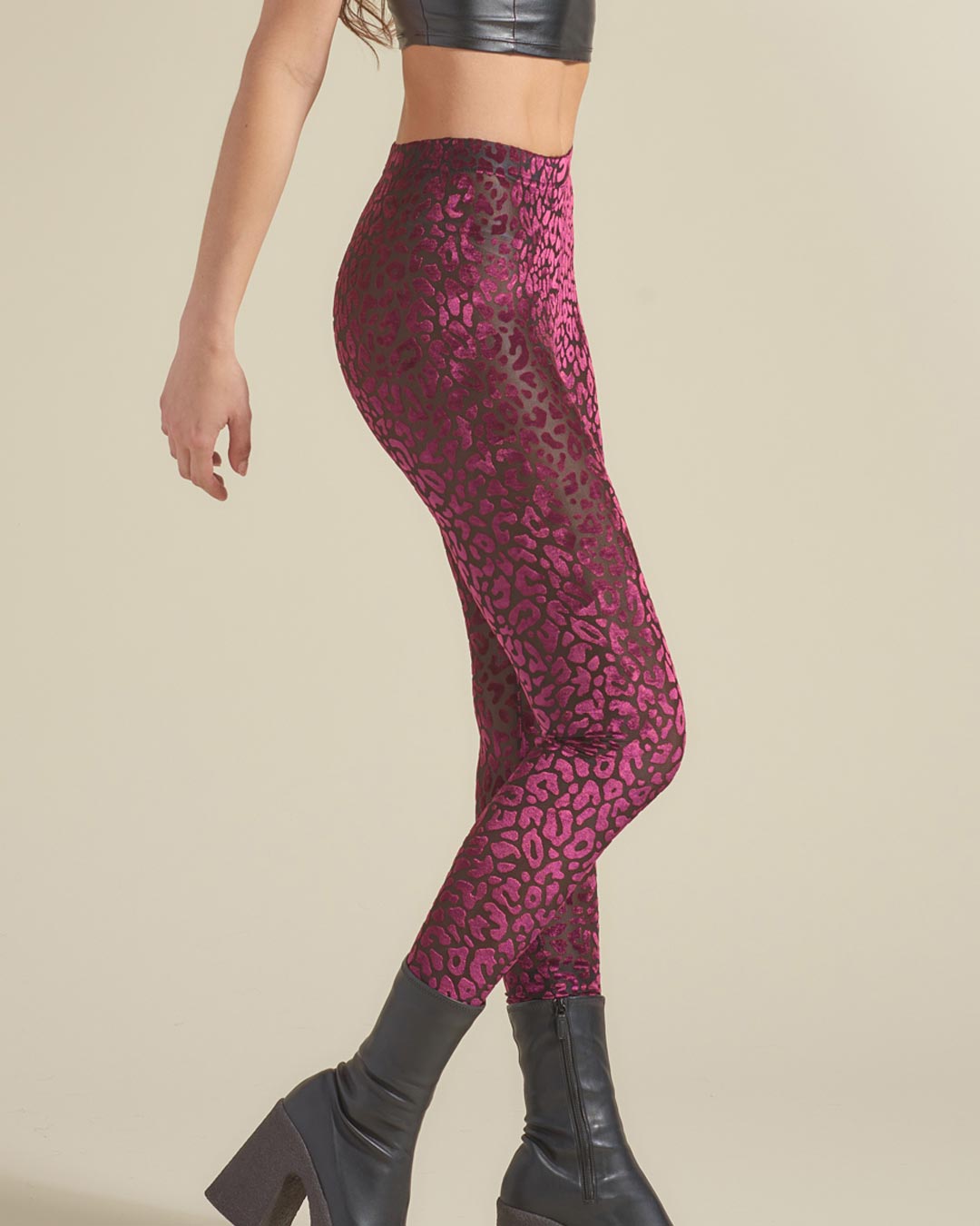 Side View of Woman Wearing Ruby Leopard Burnout Velvet High Rise Leggings