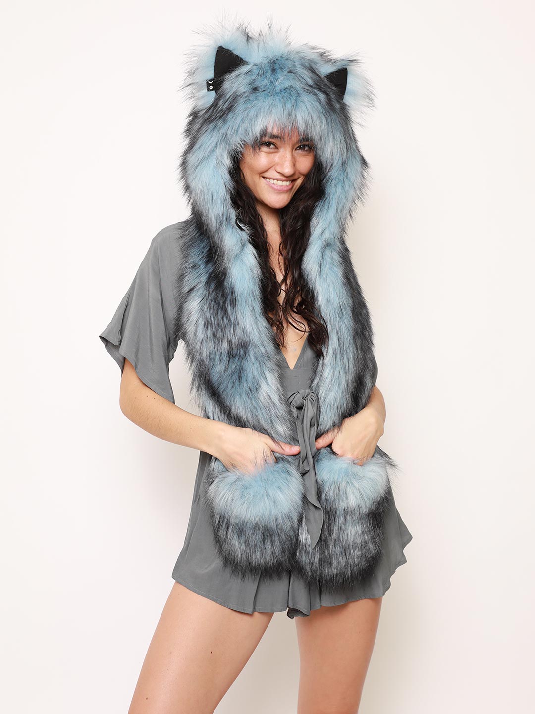 Female Wearing Ice Husky Collector Edition Faux Fur Hood 