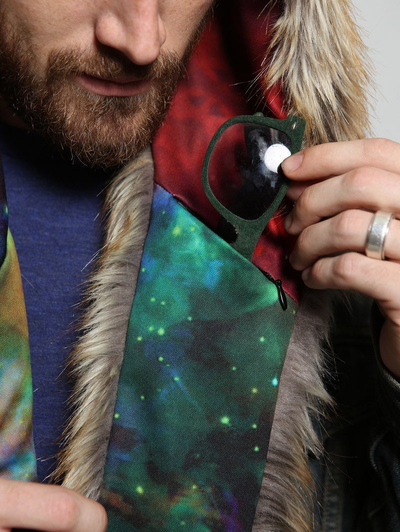 Man wearing The BlackMilk Red Fox Rainbow Galaxy faux fur SpiritHood, front view 5