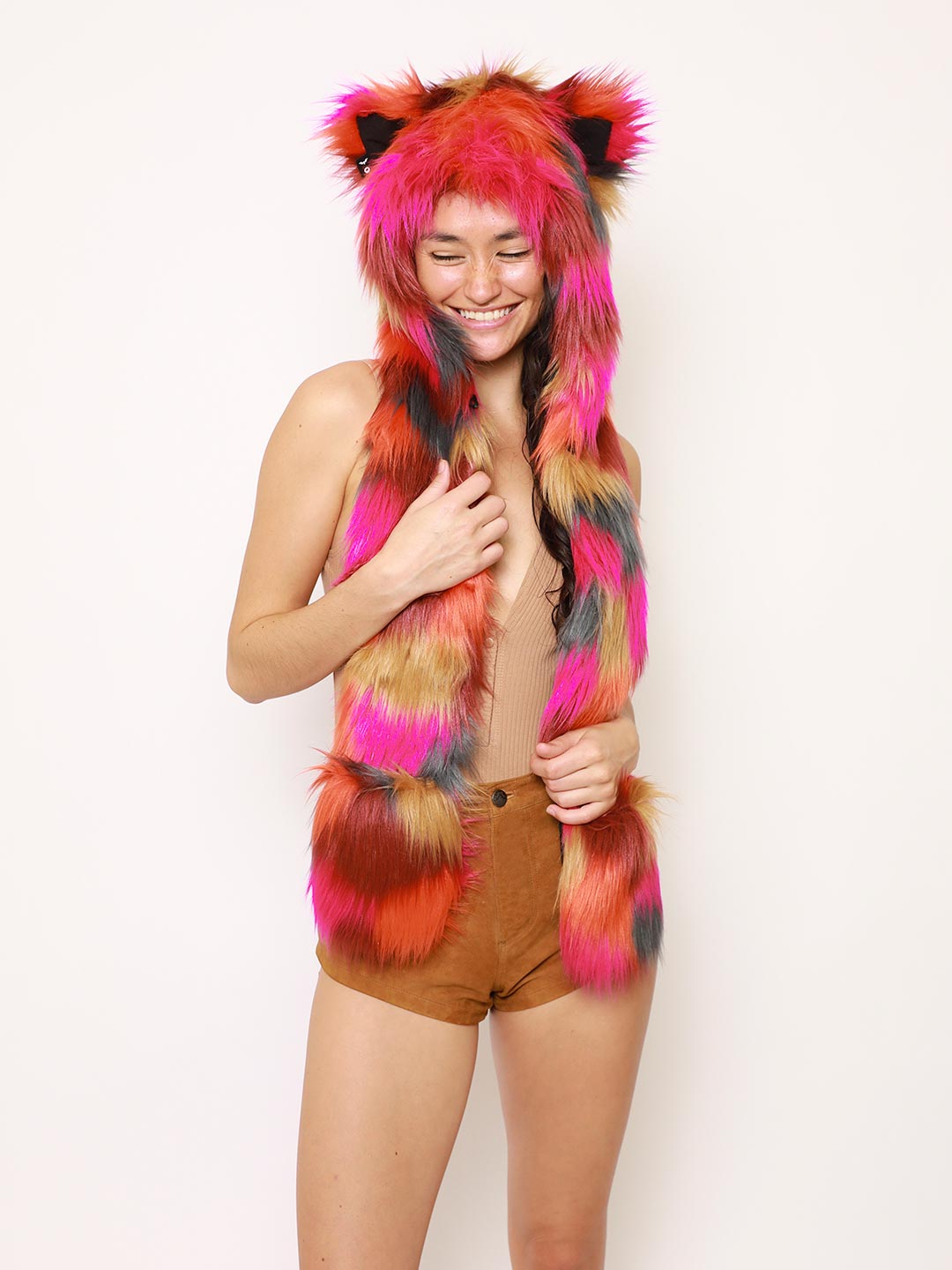 Woman wearing Calico Leopard Collector Edition Faux Fur Hood, front view 1
