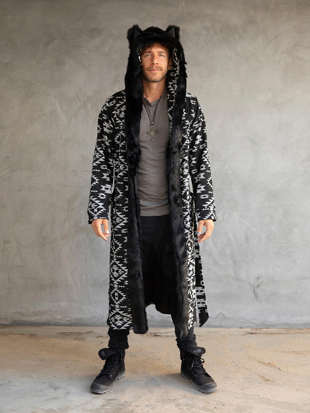 Man wearing Santa Fe Wolf Classic Faux Fur Style Robe, front view 1