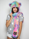 Woman wearing faux fur Fair Bear 2.0 SpiritHood, front view