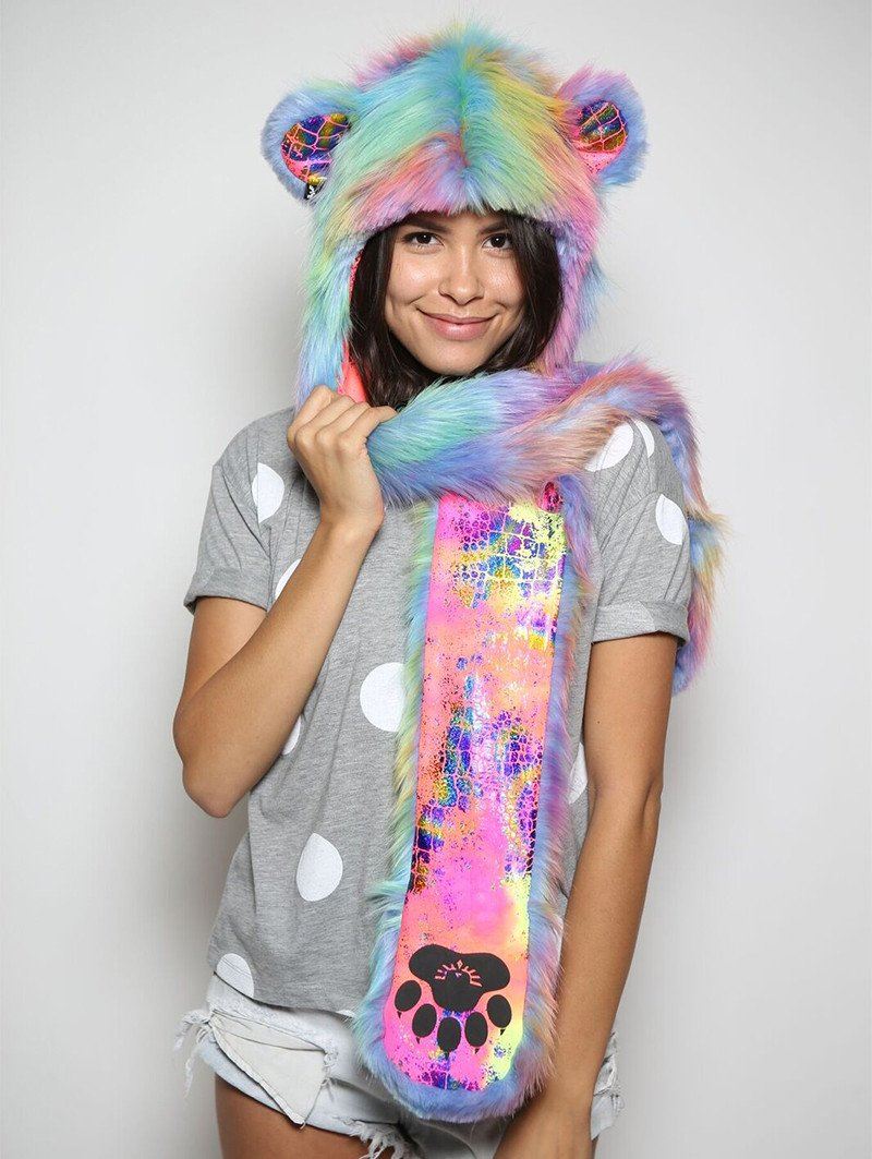 Woman wearing faux fur Fair Bear 2.0 SpiritHood