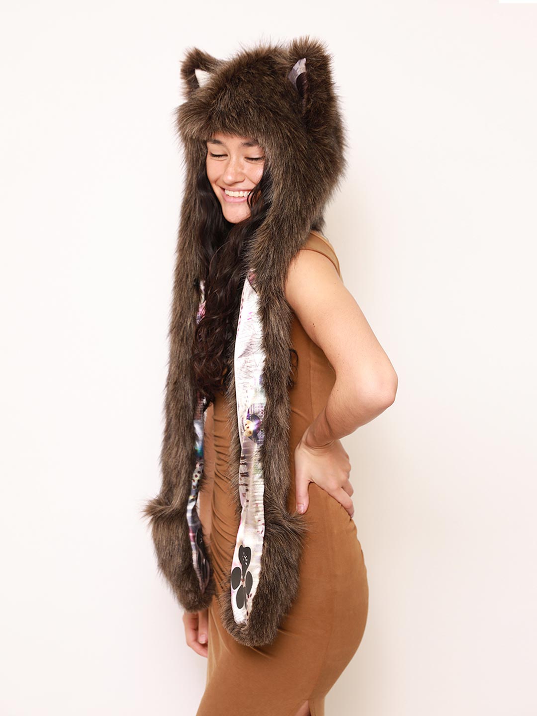 Woman wearing Cyber Wolf Collector Edition Faux Fur Hood, side view