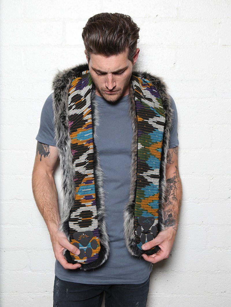 Man wearing faux fur Grey Wolf Ikat Collectors SpiritHood, front view 6