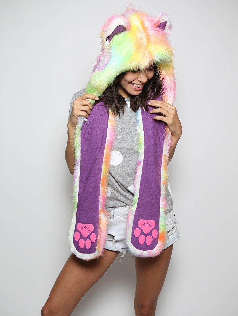 Woman wearing faux fur FestieBestie Sherbert Wolf SpiritHood, front view