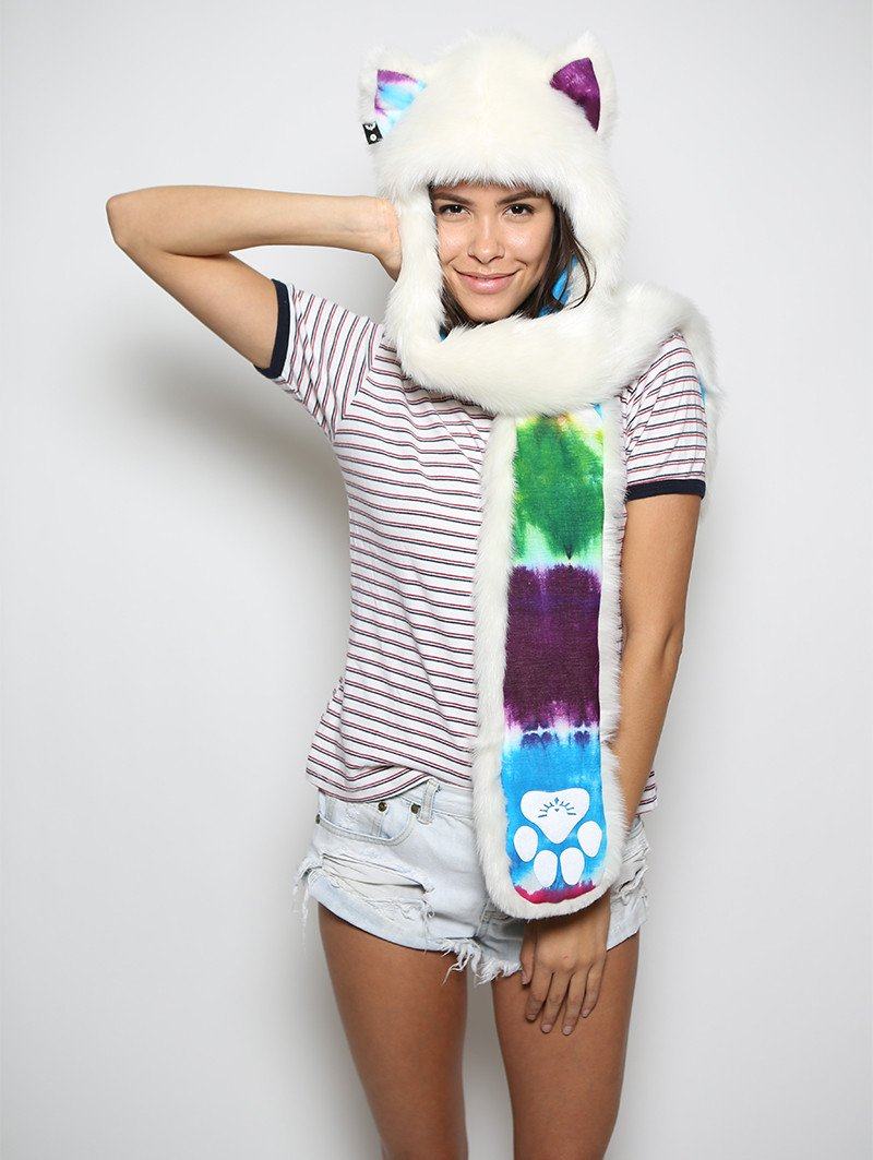 Woman wearing faux fur Arctic Wolf Color Blast Limited Edition SpiritHood, front view
