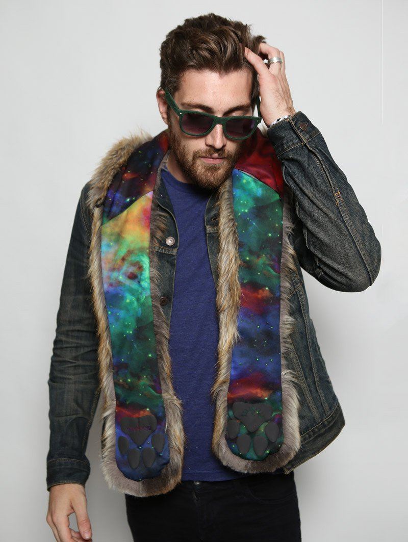 Man wearing The BlackMilk Red Fox Rainbow Galaxy faux fur SpiritHood, front view 4