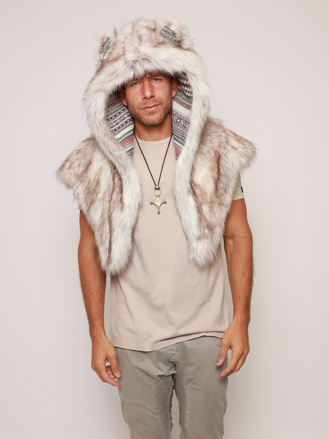 Timber Wolf Collector Faux Fur Shawl on Male Model Wearing Hood with Ears