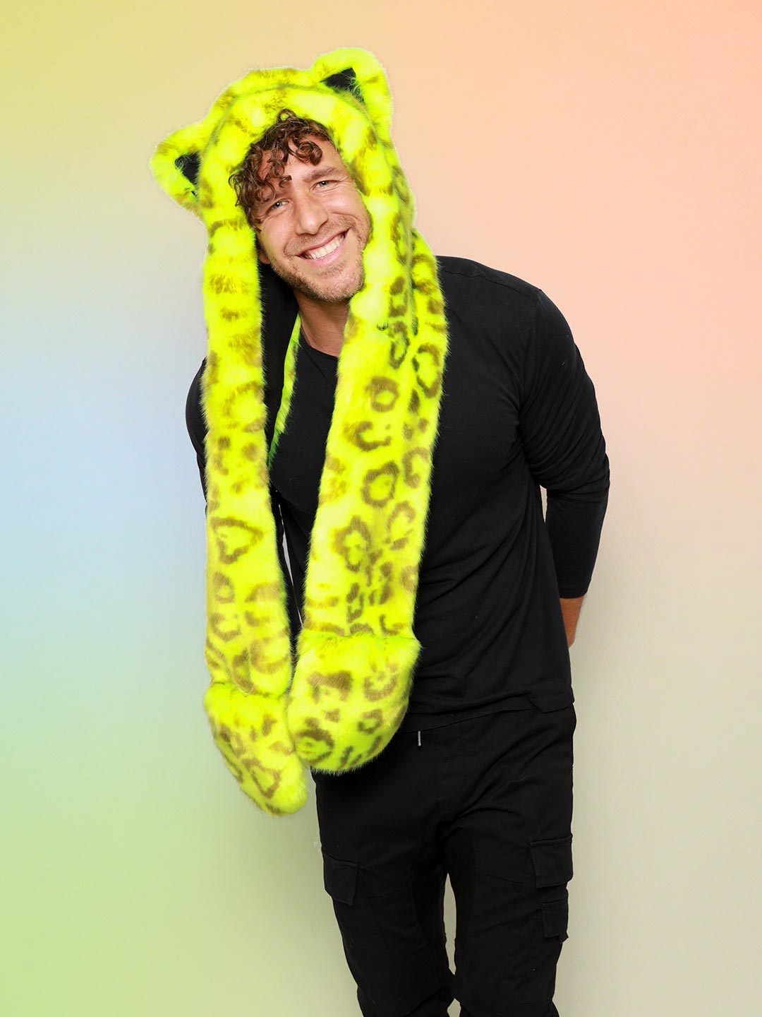 Man wearing Neon Yellow Leopard Luxe Collector Edition Faux Fur Hood