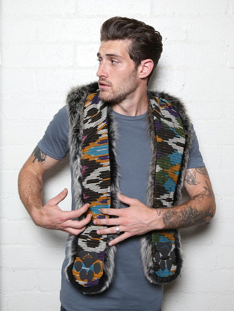 Man wearing faux fur Grey Wolf Ikat Collectors SpiritHood, front view 7