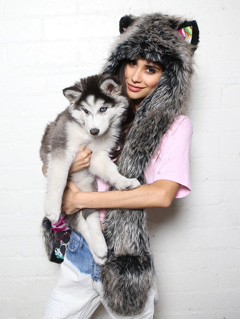 Mystic Wolf Floral Collectors SpiritHood on Female Holding Adorable Puppy