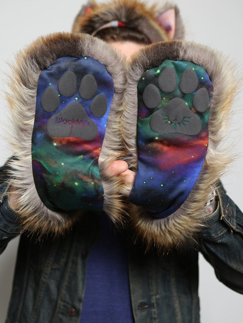 Man wearing The BlackMilk Red Fox Rainbow Galaxy faux fur SpiritHood, front view 8