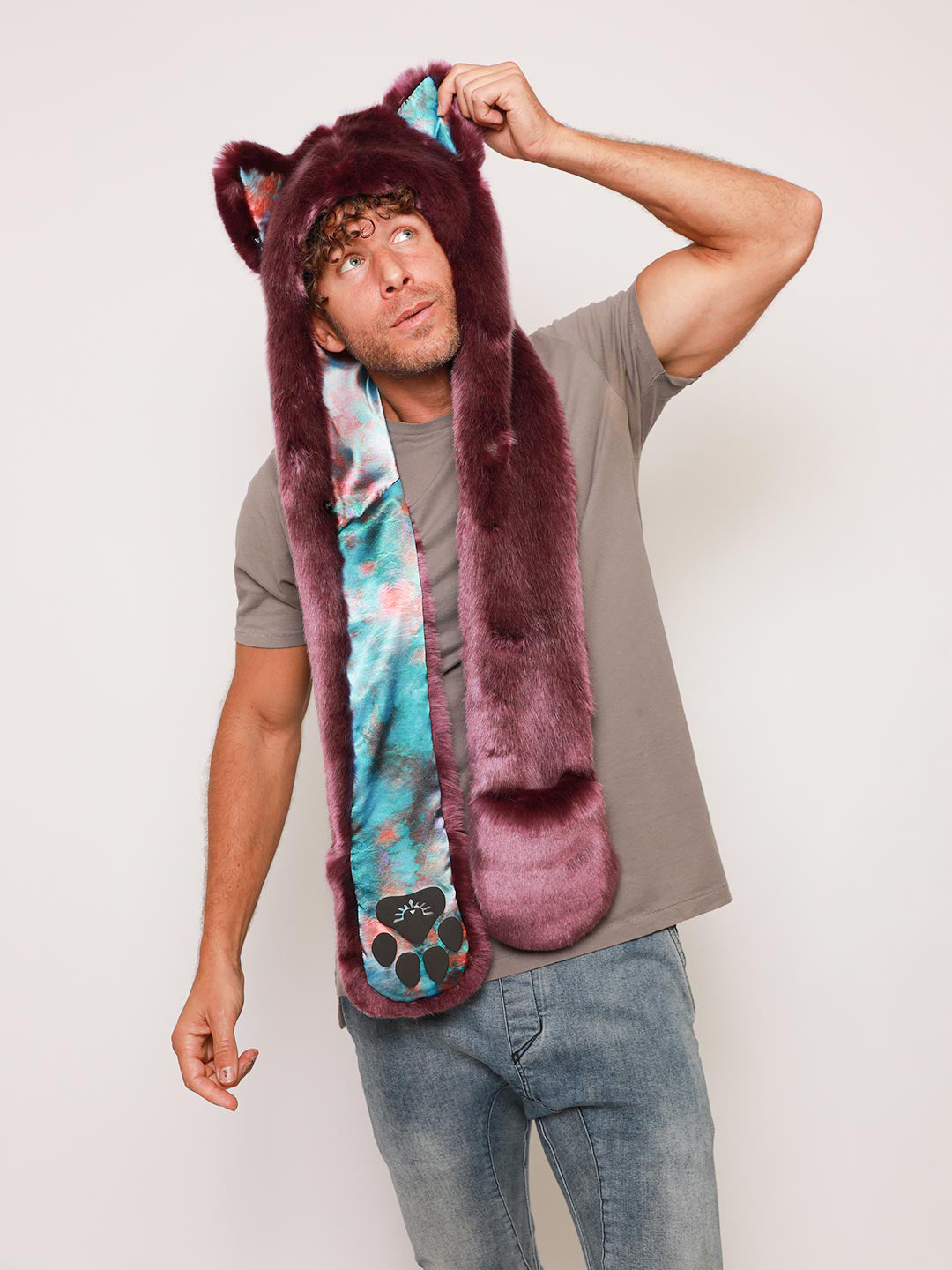 Man wearing faux fur Lavender Wolf Collector Edition SpiritHood