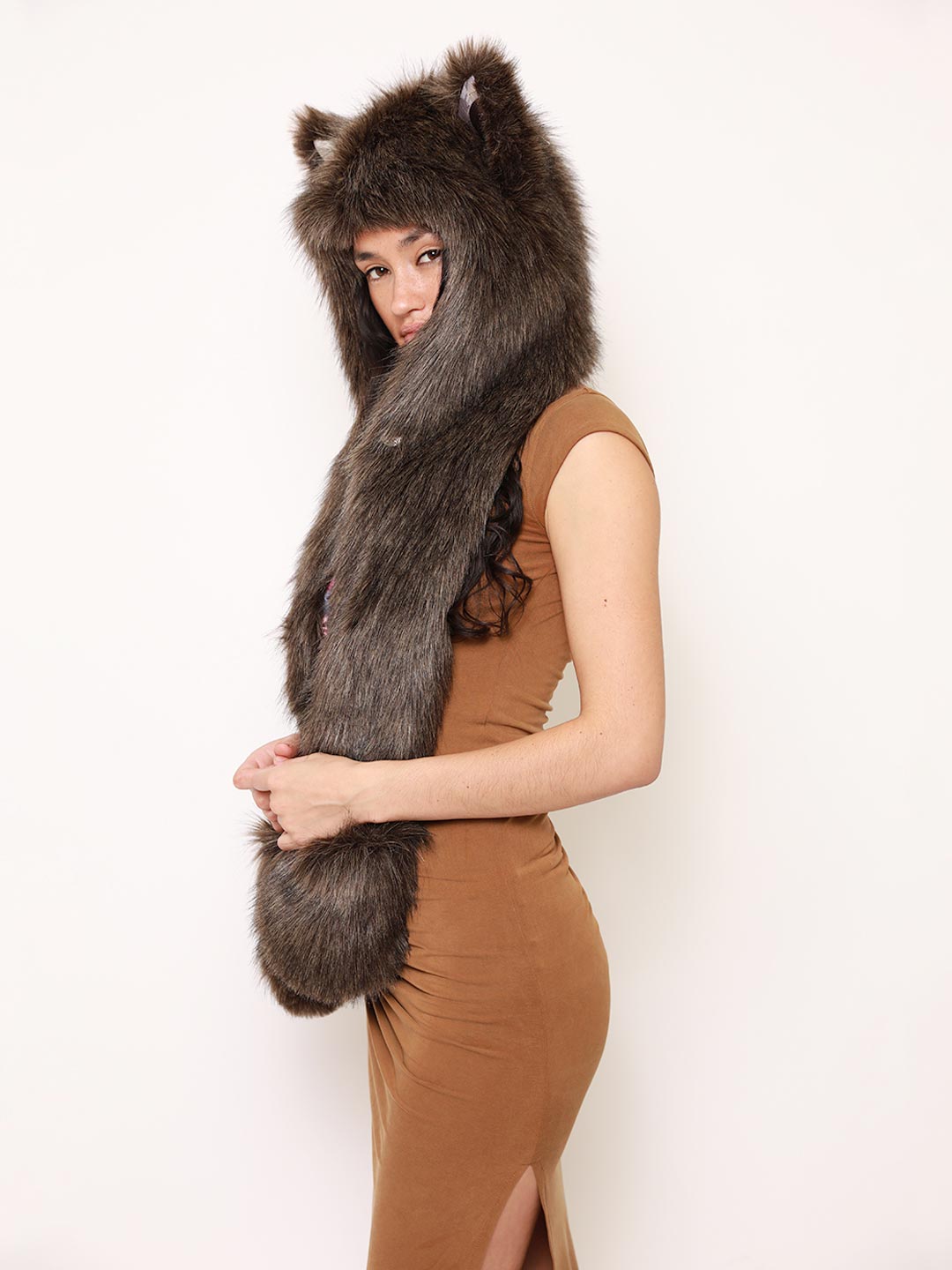 Woman wearing Cyber Wolf Collector Edition Faux Fur Hood, side view 1