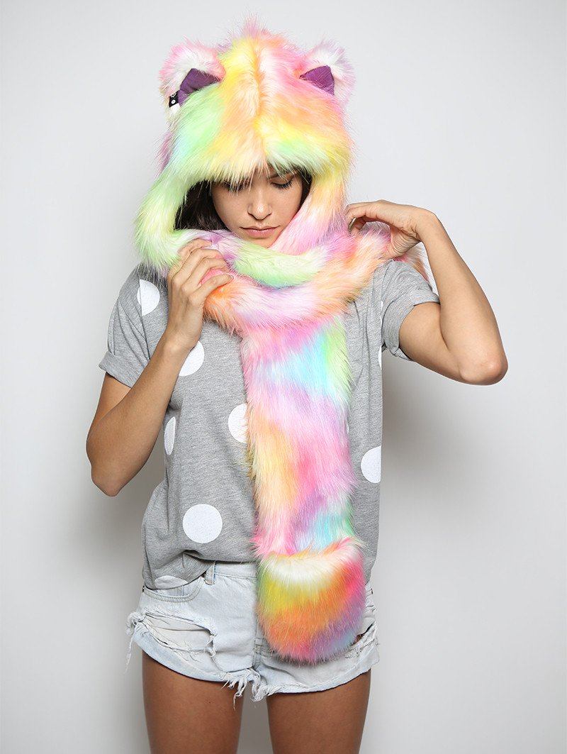 Woman wearing faux fur FestieBestie Sherbert Wolf SpiritHood, front view 3