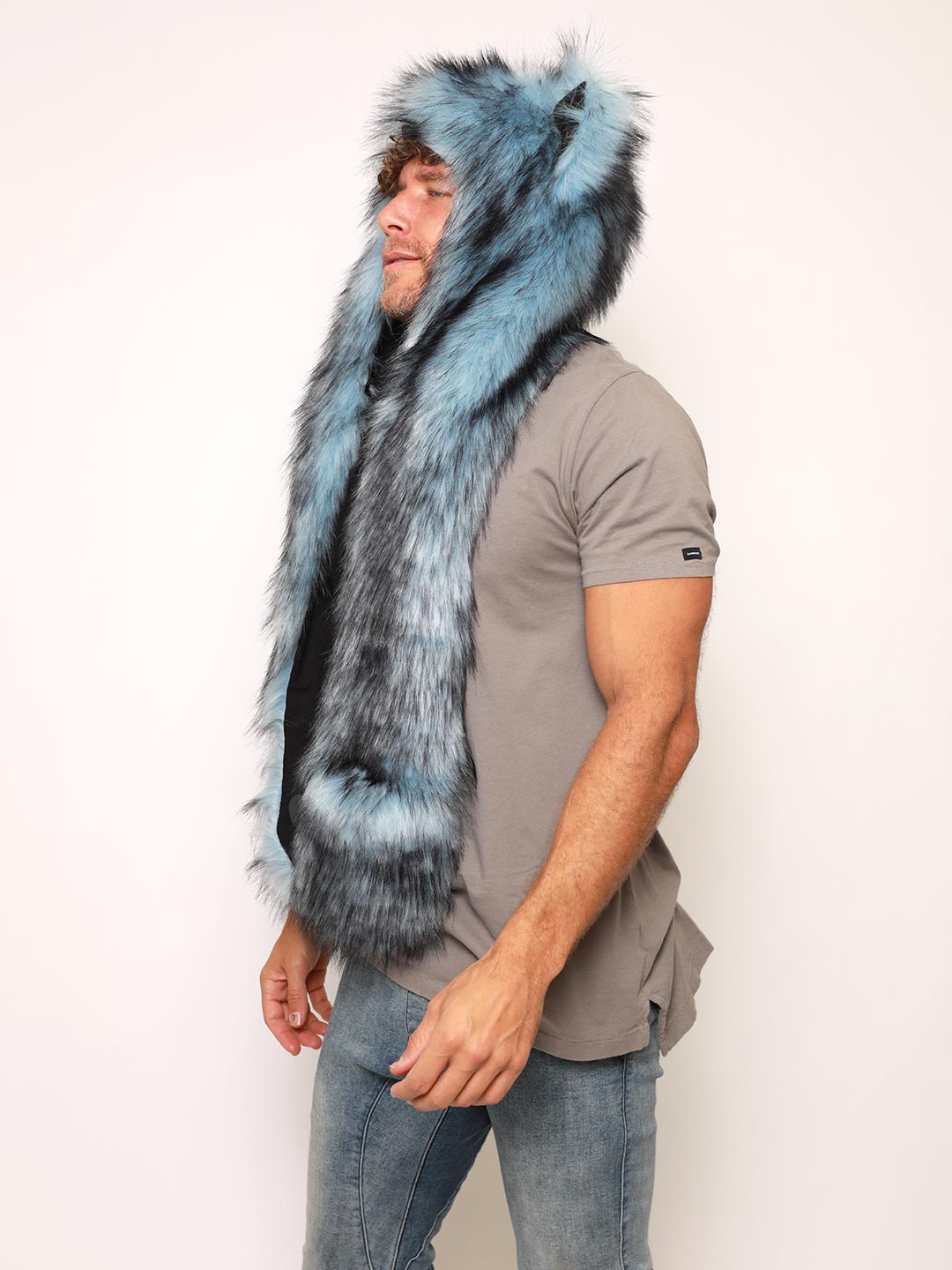 Man wearing Ice Husky Collector Edition Faux Fur Hood, side view 1