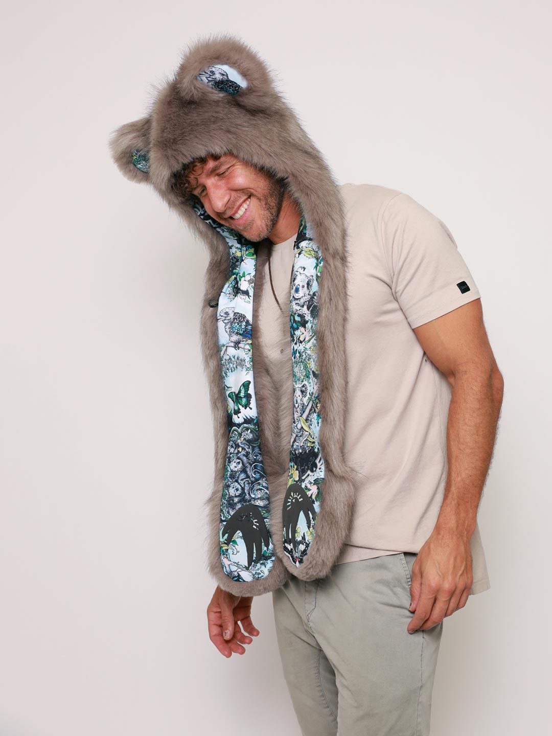 Man wearing faux fur James Patrick Koala Artist Edition SpiritHood, side view 1